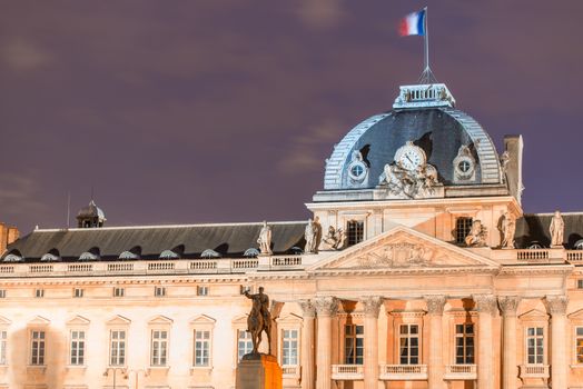 Ecole Militaire in Paris, Military School building at night.
