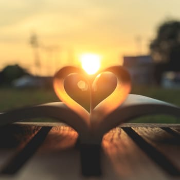 Close up book on table in sunset time