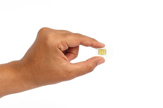 Hand holding sim card and put into smartphone isolated on white background