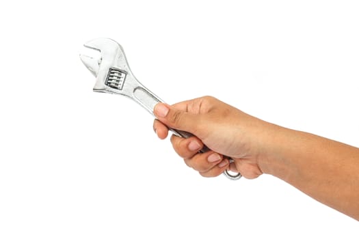 Hand holding wrench isolated on white background