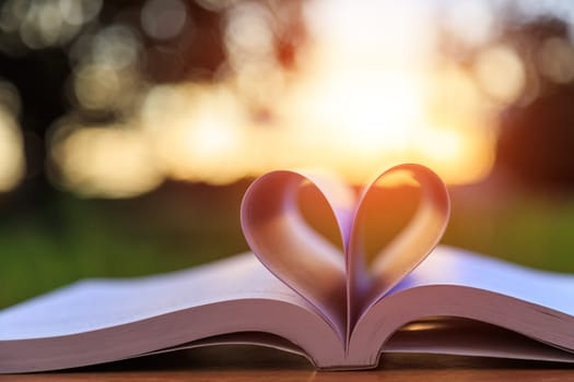 Close up book on table in sunset time