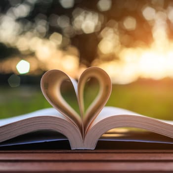 Close up book on table in sunset time