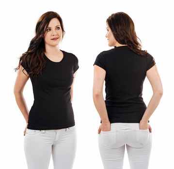 Photo of a beautiful brunette woman with blank black shirt. Ready for your design or artwork.