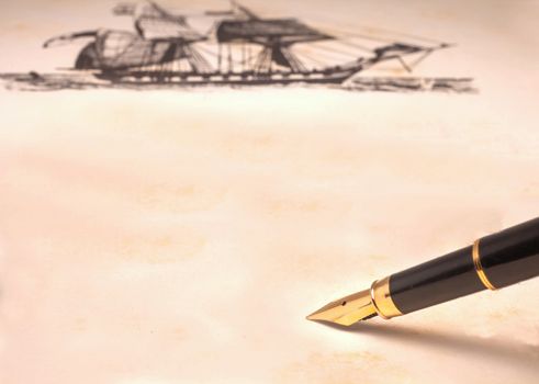 Vintage Fountain Pen on old book background