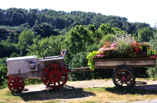 Old fashioned french tractor pulls wheeled flowerpot