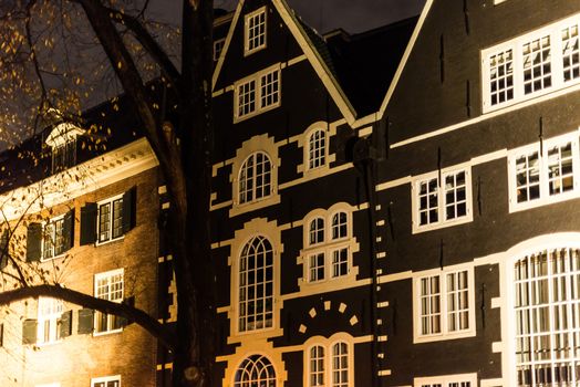 Traditional Dutch Architecture , Houses at night in Amsterdam, Netherlands.