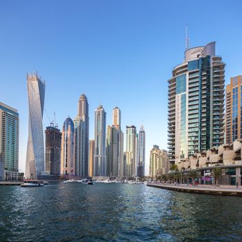 DUBAI, UAE - NOVEMBER 27: Modern buildings in Dubai Marina, Dubai, UAE. In the city of artificial channel length of 3 kilometers along the Persian Gulf, taken on 27 November 2014 in Dubai. 