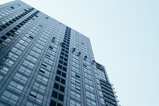 Group of Cleaners are cleaning windows of a office building