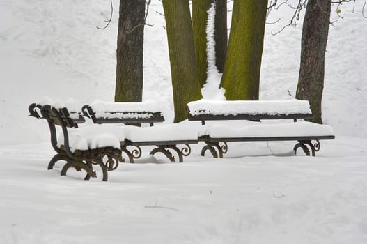 Image of the snowy abandoned benches