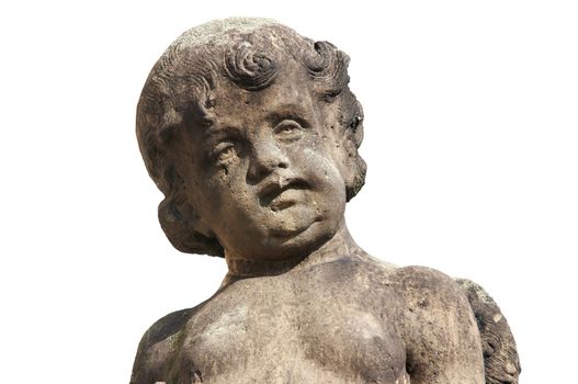 Detail of the sculpture - head of Cupid on white background