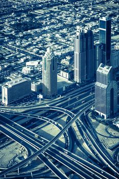 View of highway intersection and skyscrapers, Dubai 