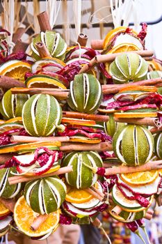 Scented fruit wreaths on sale at a market