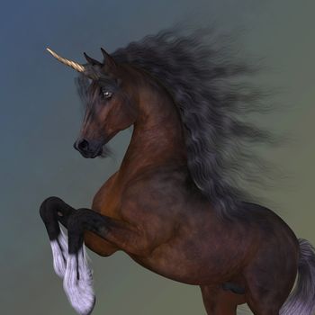 The levade is a special jump execution done by trained Spanish horses. Here it is done by a bay colored unicorn with a golden horn.