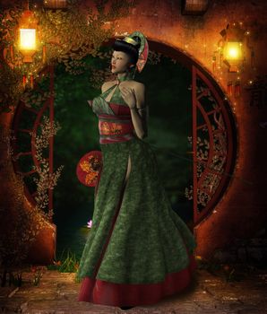 A Geisha is a Japanese young woman that entertains with music, dance, games and conversation.