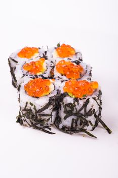 sushi roll in nori with caviar isolated on white background 