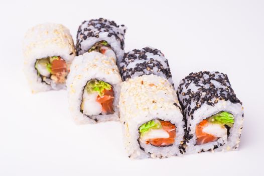 salmon sushi roll isolated on white background 