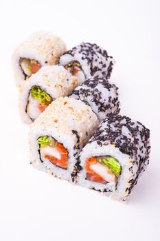 salmon sushi roll in sesame seeds isolated on white background 