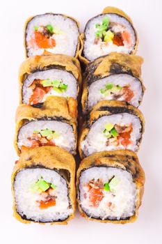 fried salmon sushi roll isolated on white background 