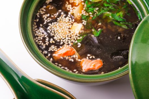 salmon miso soup isolated on white background