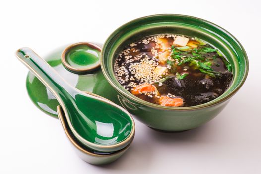 salmon miso soup isolated on white background