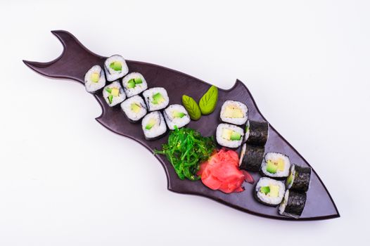 vegetarian sushi set served on plateisolated on white background