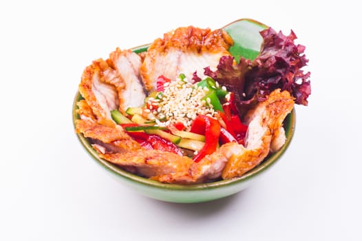 eel salad in bowl isolated on white background