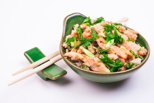 chicken fried rice in bowl isolated on white background