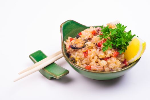 mussels fried rice in bowl isolated on white background