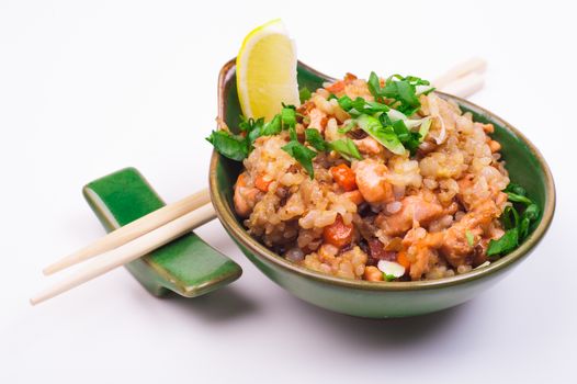 seafood  fried rice in bowl isolated on white background