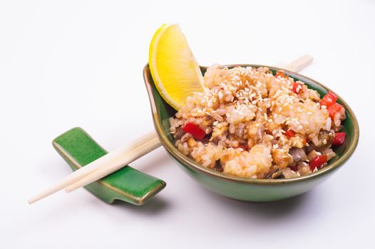 seafood fried rice in bowl isolated on white background