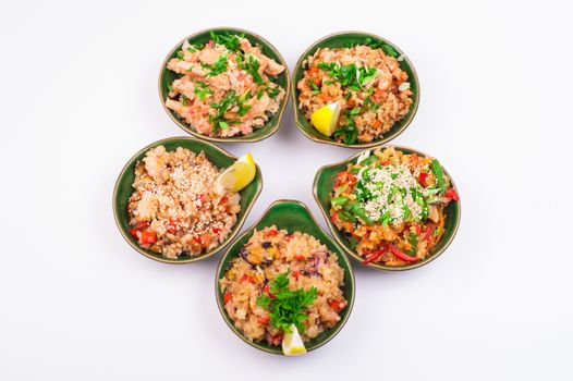set of five fried rice in bowl isolated on white background