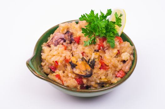 mussels  fried rice in bowl isolated on white background