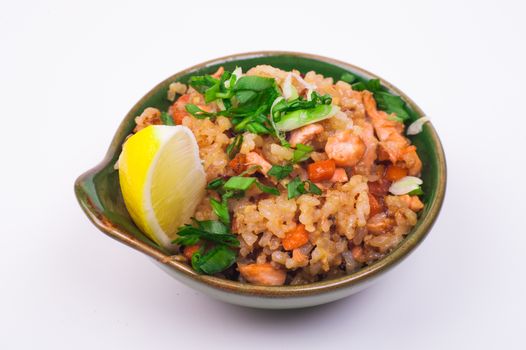 seafood fried rice in bowl isolated on white background