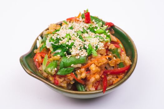 vegetable fried rice in bowl isolated on white background