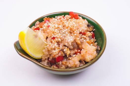 seafood fried rice in bowl isolated on white background