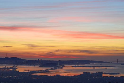 a far view of bay area of San Francisco during sunset