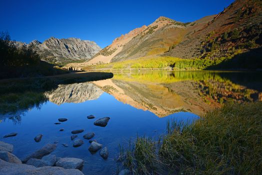 morning sunlight over mountain behind north lake at sierra nevada range