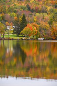colorful autumn foliage by lake side in vermont