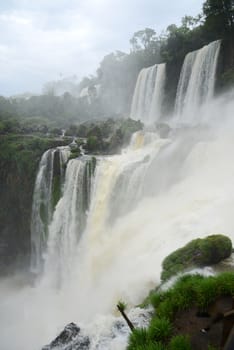 Iguazu waterfall in south americal tropical jungle with a massive flow of water