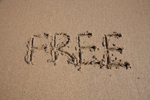 free word written on brown sand ground low tide beach ocean seashore in Spain Europe