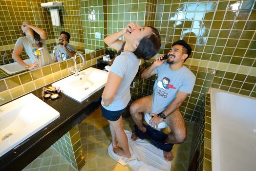 happy young couple and have fun in the rest room