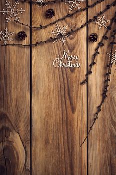 Christmas background on wooden table. Copy space. Top view