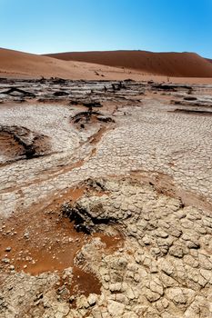Sossusvlei beautiful sunrise landscape of hidden death valley in Namibian desert with blue sky, best place in Namibia