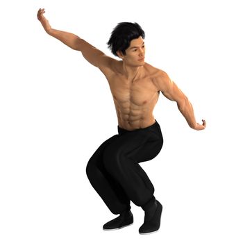 3D digital render of a young Asian man exercising martial arts isolated on white background