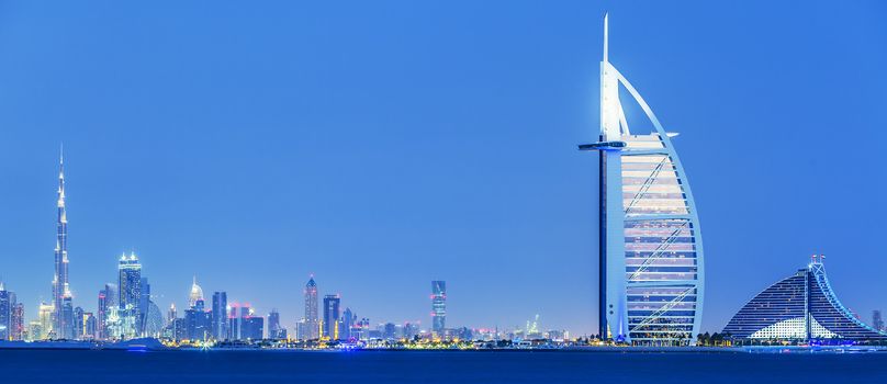 View of Dubai skyline by night, UAE. 