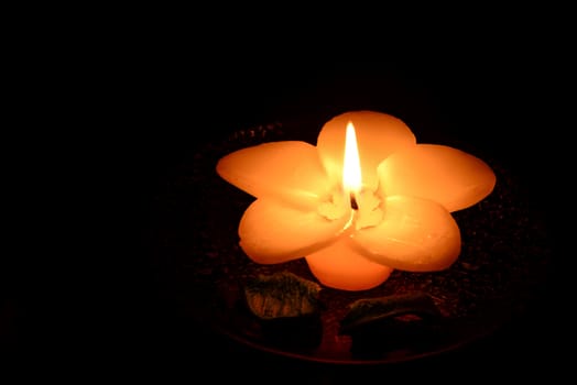 Photo of a white flower-shaped candle burning on a black background.