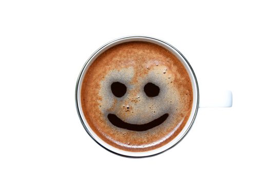 Photo of a white cup of coffee isolated on white background. View from above with a smile on the foam. Food photography.