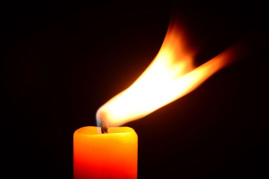Photo of an orange candle burning on a black background. Objects photography.