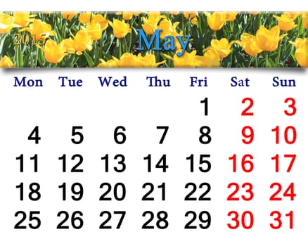 calendar for May of 2015 with flower bed of yellow tulips