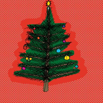 Single cartoon Christmas tree over red halftone background